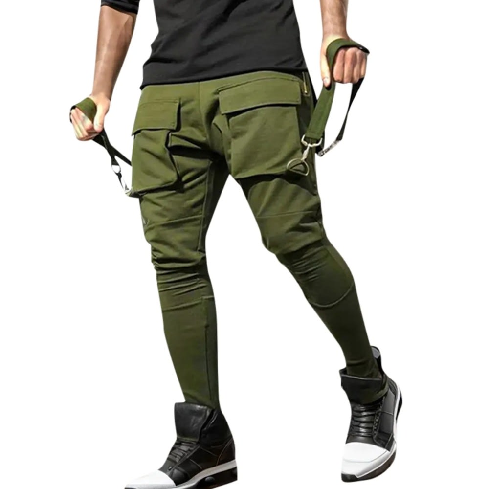 Men's Multi-Pocket Overalls with Zipper Large Pocket - Solid Color Sports Pants